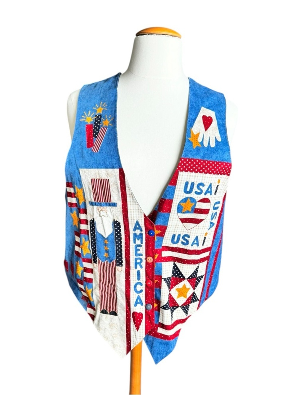 Vintage USA Uncle Sam Patchwork Vest XL 2XL Americana Folk Art Patriotic B34
